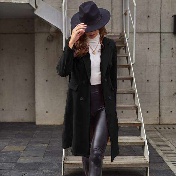 

Double Breasted Lapel Collar Overcoat, Black