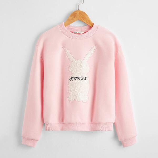 

Girls Letter Embroidery Cartoon Graphic Thermal Pullover, Pastel baby pink