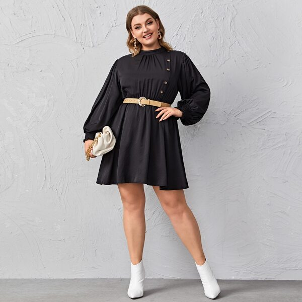 

Plus Solid Mock Neck Dress Without Belt, Black