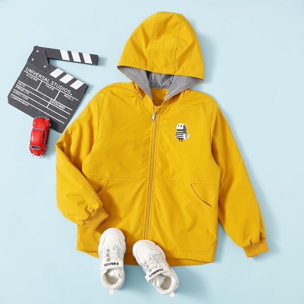 

Boys Zip Up Cartoon Graphic Gingham Lined Hooded Coat, Yellow