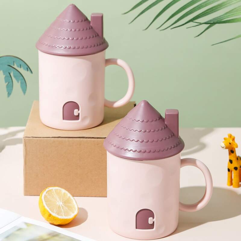 

1pc House Shaped Mug With Lid, Baby pink