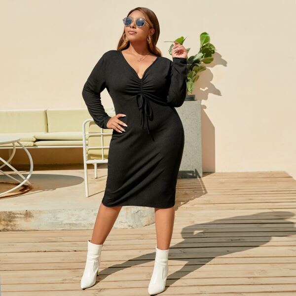 

Plus Rib Knit Drawstring Fitted Dress, Black