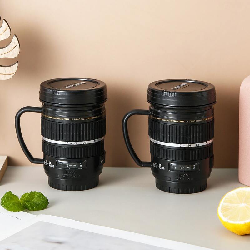 

1pc Camera Lens Shaped Mug With Lid, Black