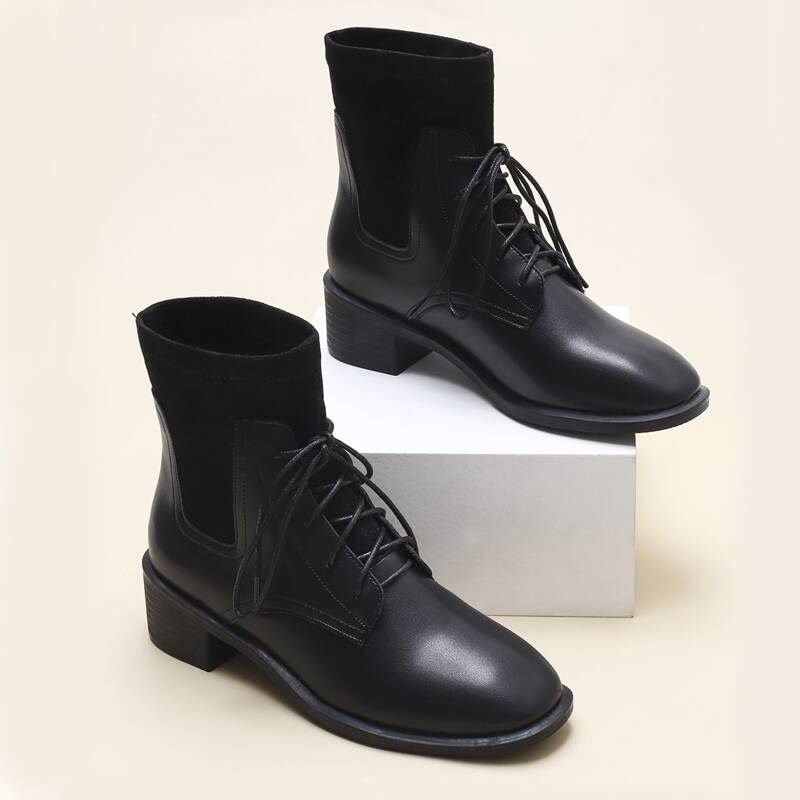 

Lace-up Front Chunky Heeled Sock Boots, Black