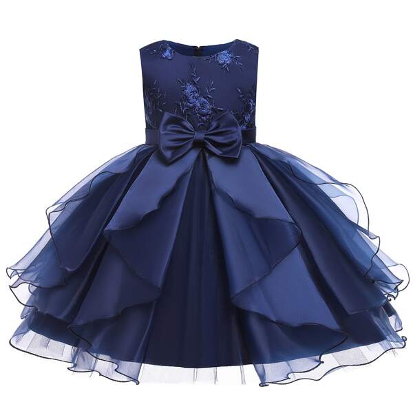 

Toddler Girls Embroidery Bow Front Layered Gown Dress, Navy blue