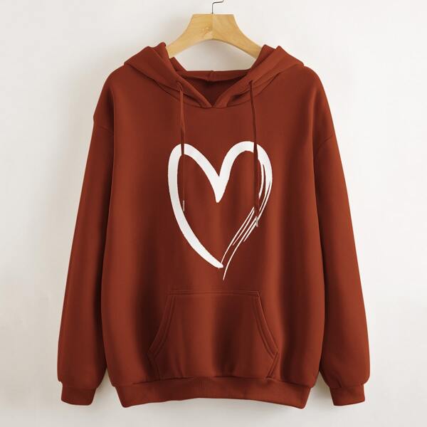 

Heart Print Kangaroo Pocket Drawstring Hoodie, Rust brown