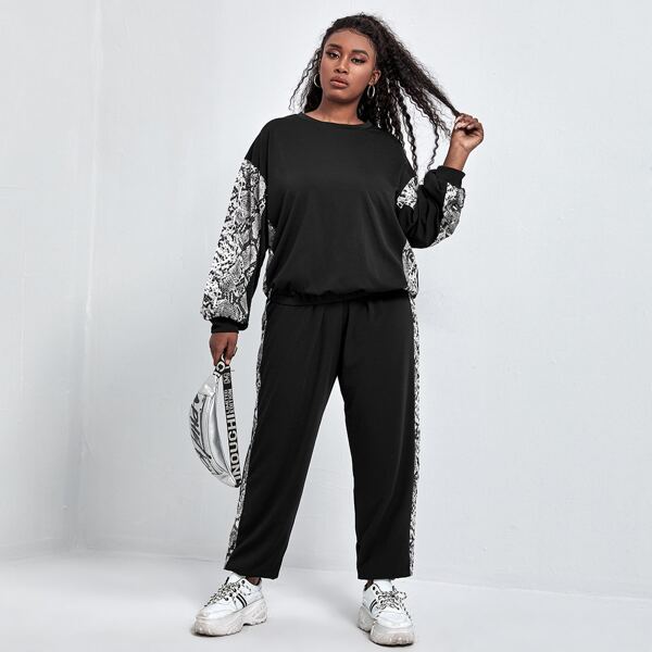

Plus Snakeskin Panel Drop Shoulder Sweatshirt With Joggers, Dark grey