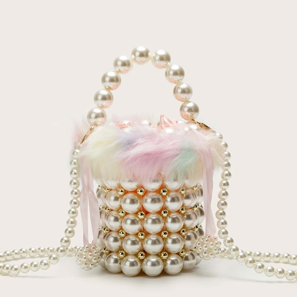 

Mini Allover Faux Pearl Decor Bucket Bag, Beige