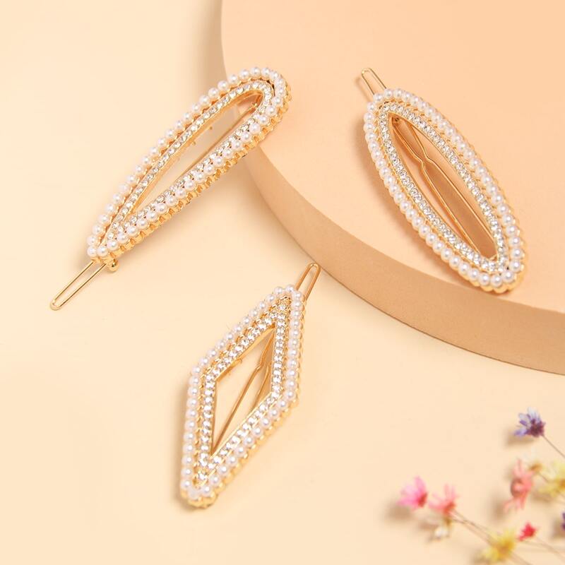 

3pcs Faux Pearl Decor Hair Clip, Gold