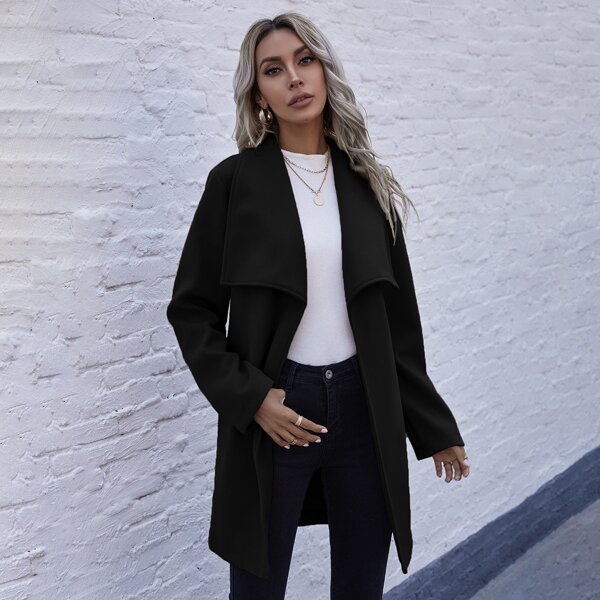 

Waterfall Collar Belted Open Front Overcoat, Black