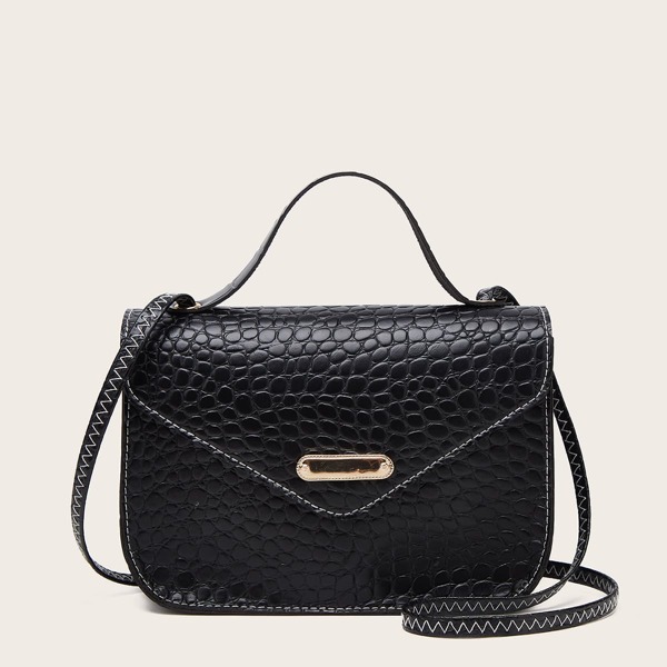 

Croc Embossed Flap Satchel Bag, Black