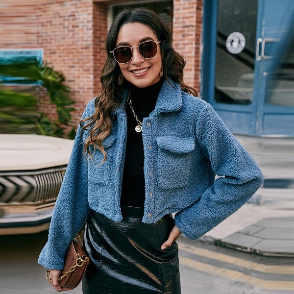 

Press Button Flap Pocket Teddy Jacket, Blue