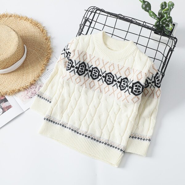 

Toddler Girls Cable Knit Geo Pattern Sweater, White