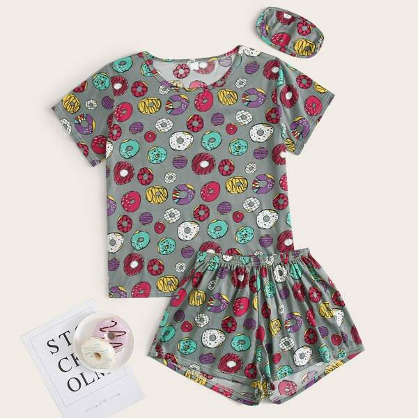 

Plus Allover Print Pajama Set & Eye Mask, Multicolor