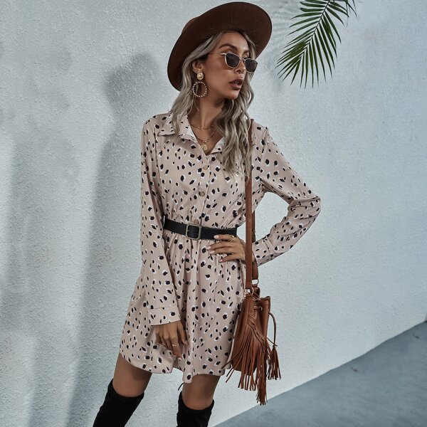 

Allover Print Gathered Waist Shirt Dress Without Belt, Apricot