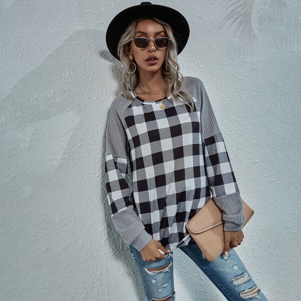 

Gingham Raglan Sleeve Waffle Panel Tee, Multicolor