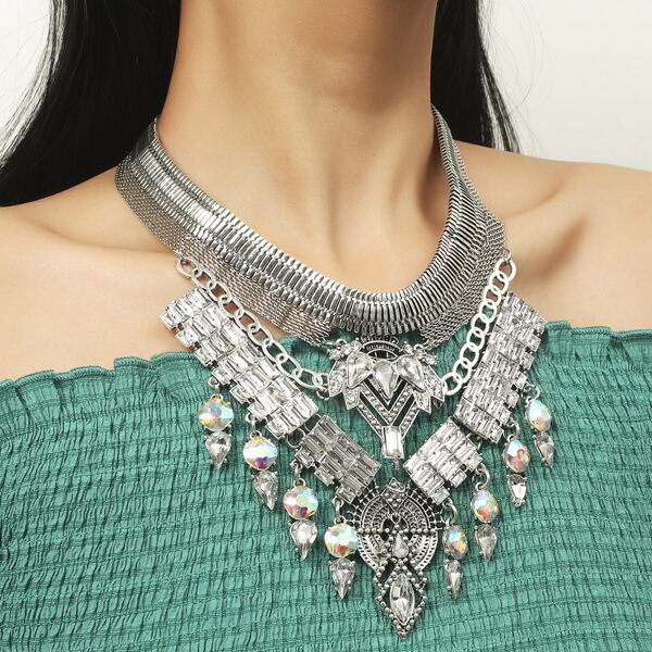 

Gemstone Decor Necklace, Antique silver