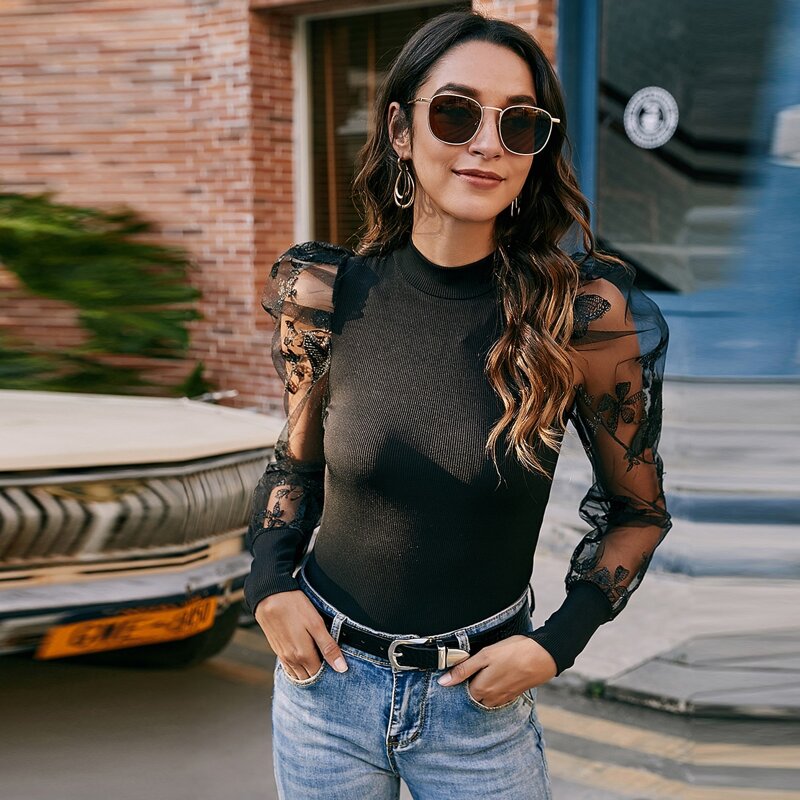 

Mock-neck Embroidered Mesh Puff Sleeve Top, Black