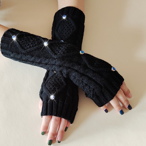 

Rhinestone Decor Open Toe Gloves, Black