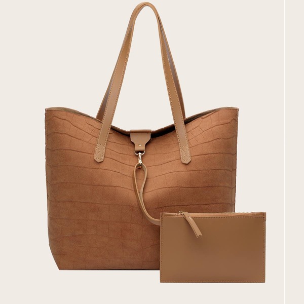 

Croc Embossed Shoulder Tote Bag With Purse, Brown