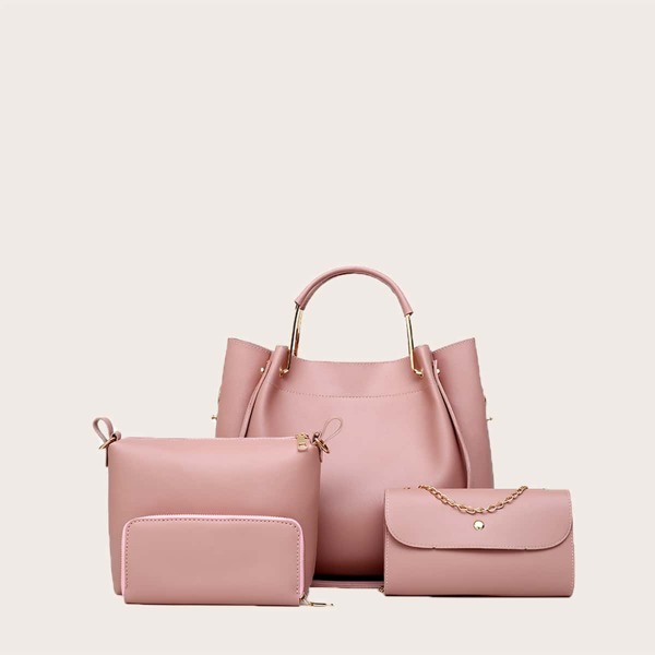 

4pcs Minimalist Metal Handle Tote Bag Set, Pink