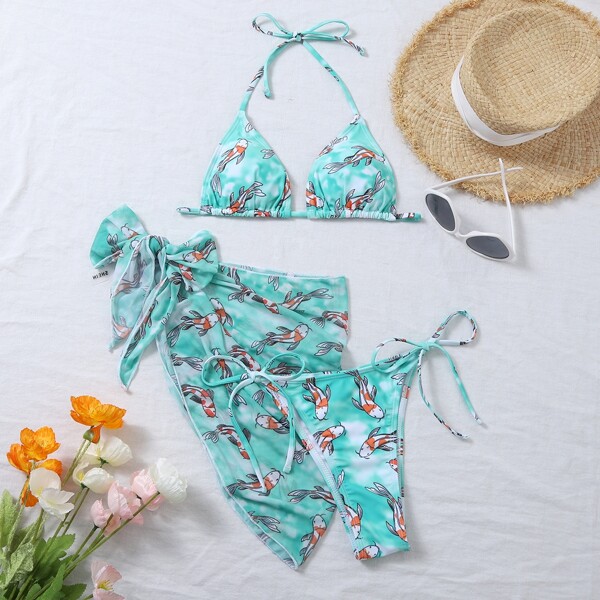 

3pack Fish Print Triangle Bikini Swimsuit & Beach Skirt, Multicolor