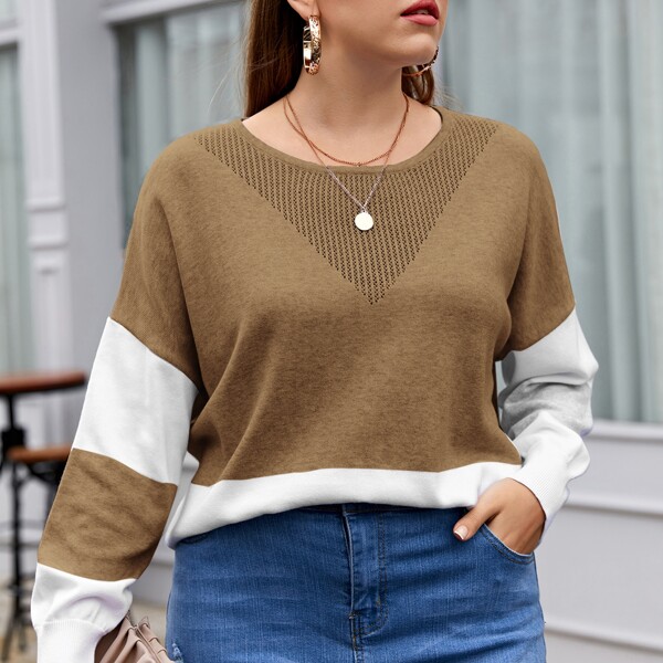 

Plus Colorblock Drop Shoulder Sweater, Khaki