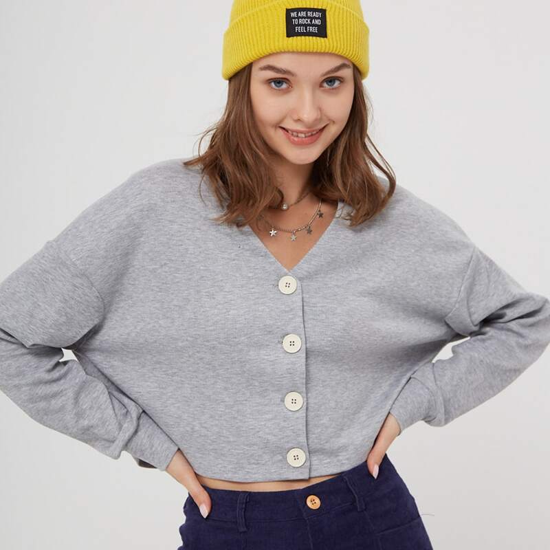 

Solid Button Front Crop Tee, Light grey