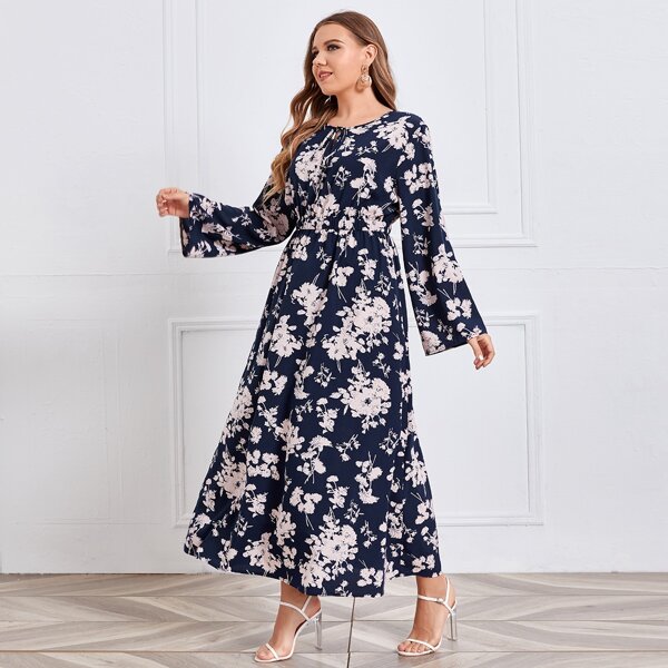 

Plus Allover Floral Tie Neck A-line Dress, Blue and white