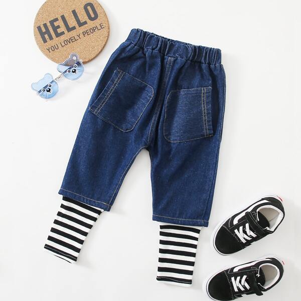 

Toddler Boys Striped Panel Pocket Patched Jeans, Dark wash