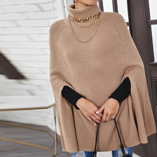 

Funnel Neck Poncho Sweater, Khaki