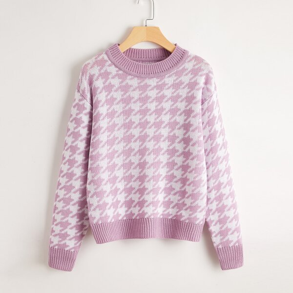

Drop Shoulder Houndstooth Sweater, Mauve purple
