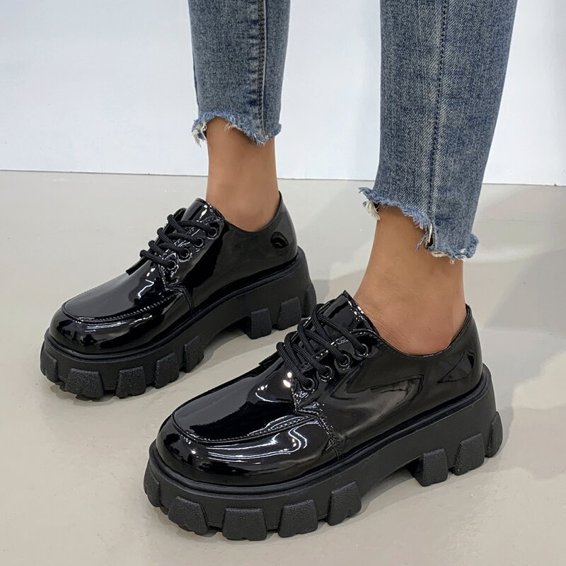 

Patent Lace-up Front Flats, Black