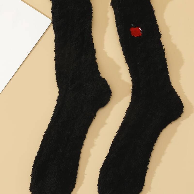 

1pair Apple Embroidery Fuzzy Socks, Black