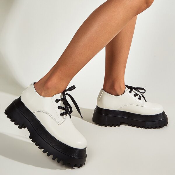 

Minimalist Lace-up Front Flatform Shoes, White