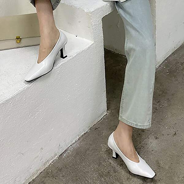 

Square Toe Sculptural Court Heels, White