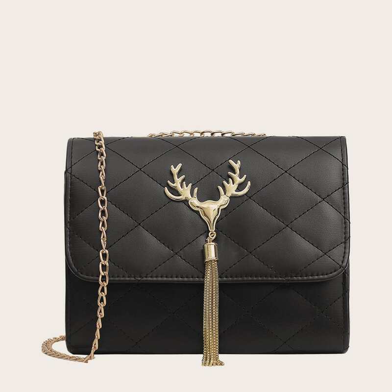 

Deer Head & Tassel Flap Chain Bag, Black