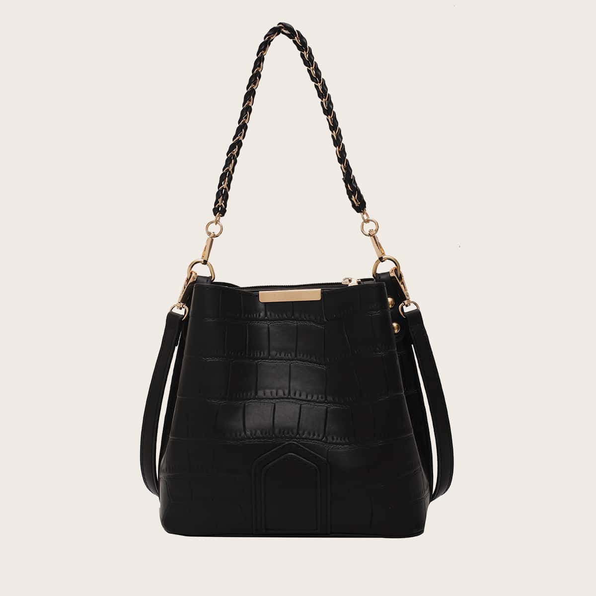 

Croc Embossed Bucket Bag, Black