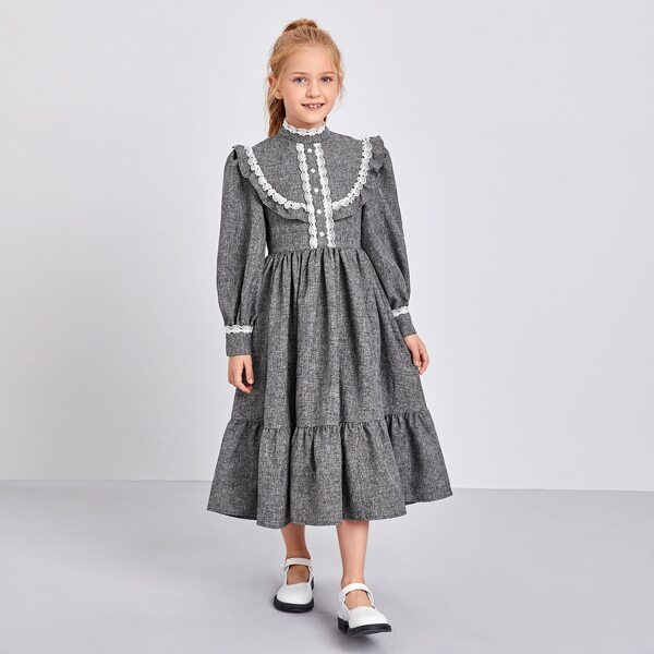 

Girls Buttoned Front Lace Trim Dress, Grey