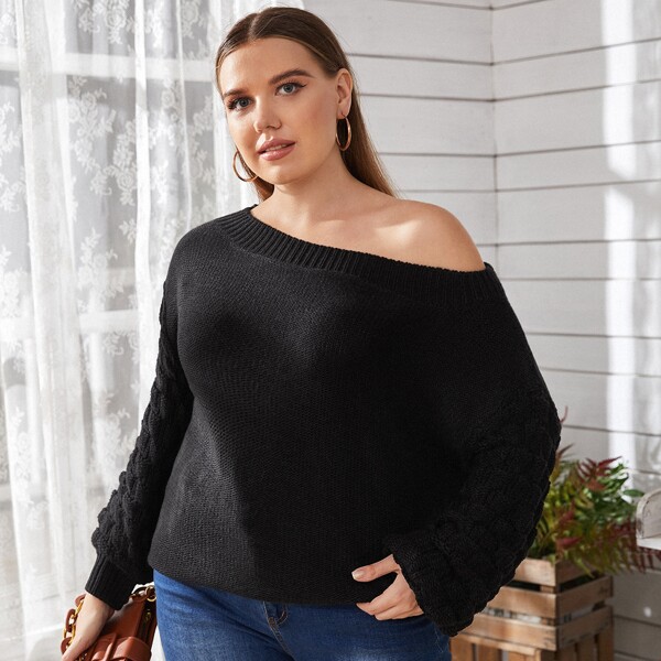 

Plus Boat Neck Drop Shoulder Sweater, Black