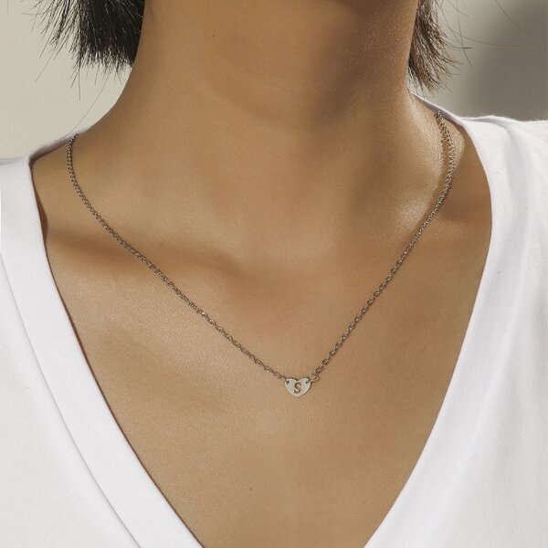 

Letter Heart Charm Necklace, Silver