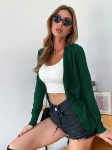 AAmilife 紐扣素色開衫 - 墨綠色 - 查看 6