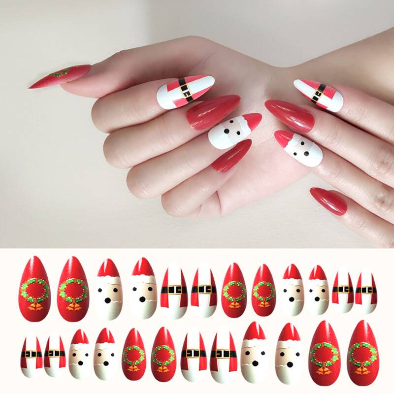 

24pcs Christmas Pattern Fake Nail, Red and white