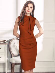 MIUSOL 繫帶領後拉鏈鉛筆連衣裙 - 亮橙色 - 查看 5