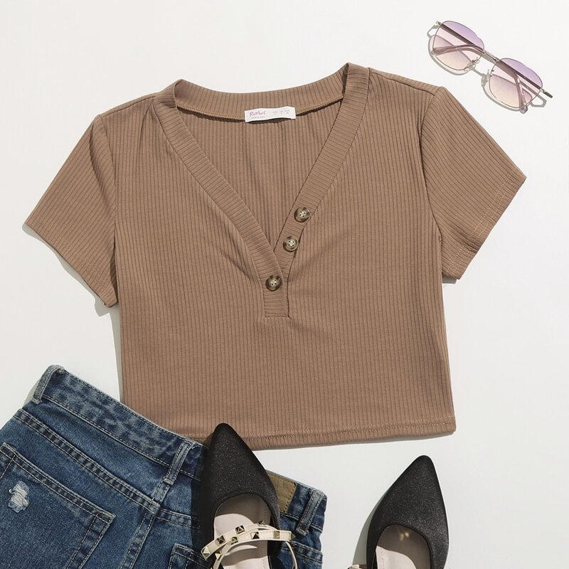 

Solid Button Ribbed Crop Tee, Mocha brown