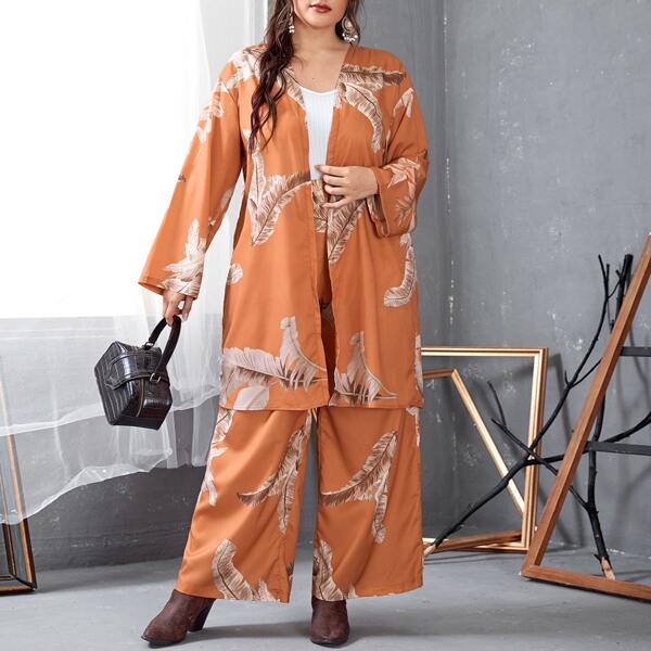 

Plus Tropical Print Longline Top With Pants, Orange