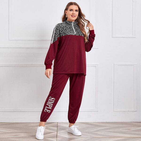 

Plus Contrast Cheetah Quarter Zip Sweatshirt & Sweatpants, Burgundy