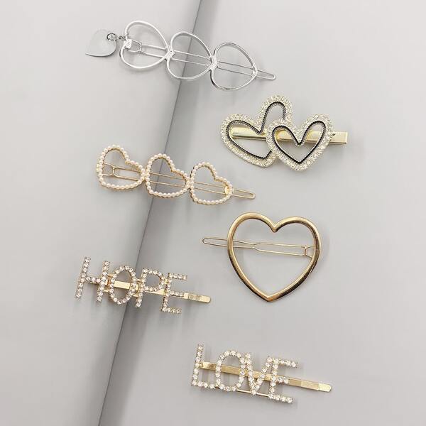 

6pcs Faux Pearl Heart Decor Hair Clip, Multicolor