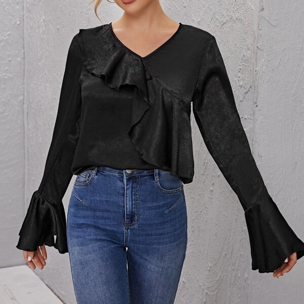 

Flounce Sleeve Ruffle Trim Top, Black