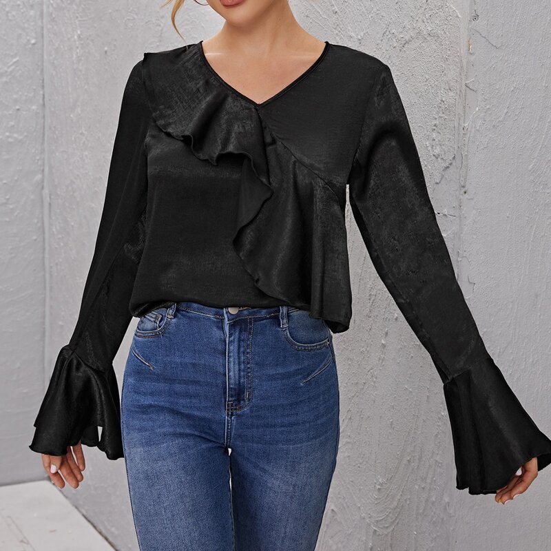 

Flounce Sleeve Ruffle Trim Top, Black